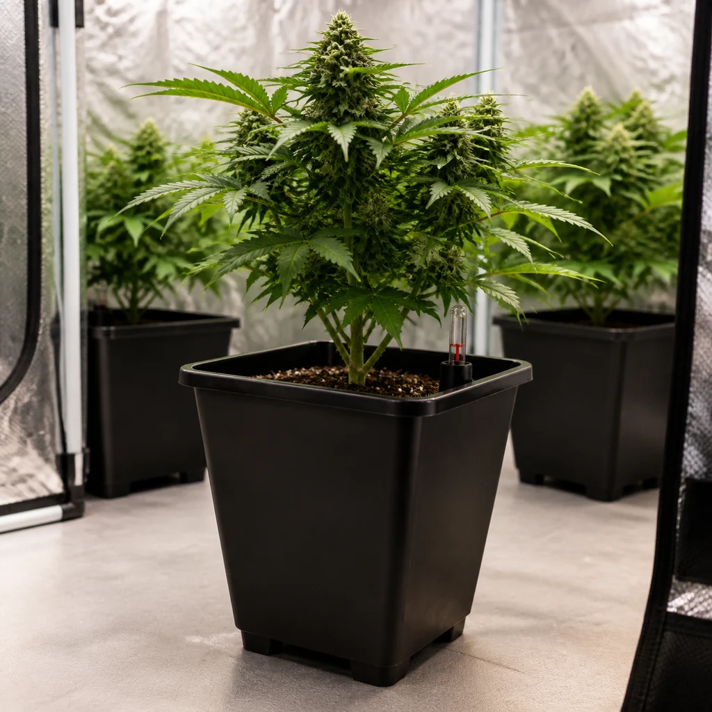 Maceta elevada de autorriego negra y cuadrada, con indicador de nivel y una planta de cannabis en un armario de cultivo. Maceta elevada de autorriego negra y cuadrada, con indicador de nivel y una planta de cannabis en un armario de cultivo.