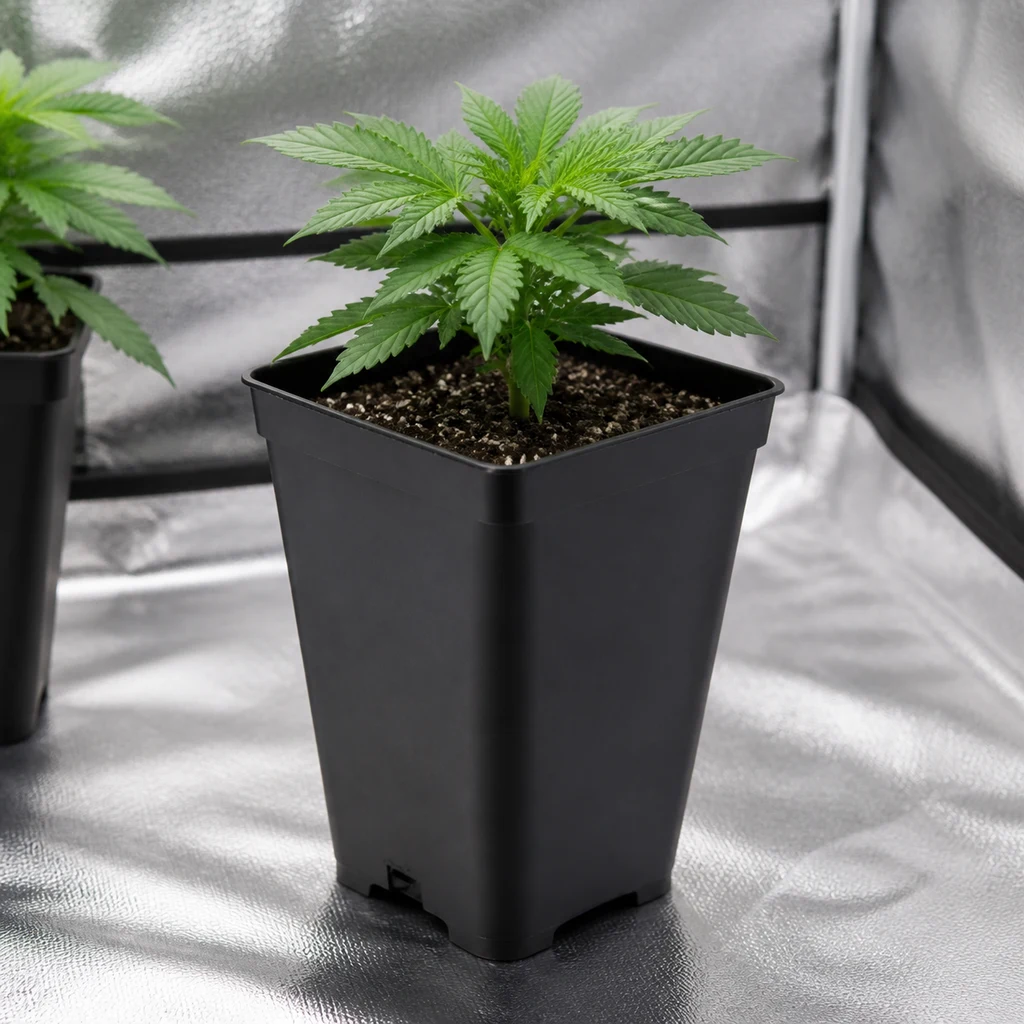 Maceta SOG negra, alta y de boca cuadrada, con sustrato y una planta joven de cannabis en un armario de paredes reflectantes. Maceta SOG negra, alta y de boca cuadrada, con sustrato y una planta joven de cannabis en un armario de paredes reflectantes.