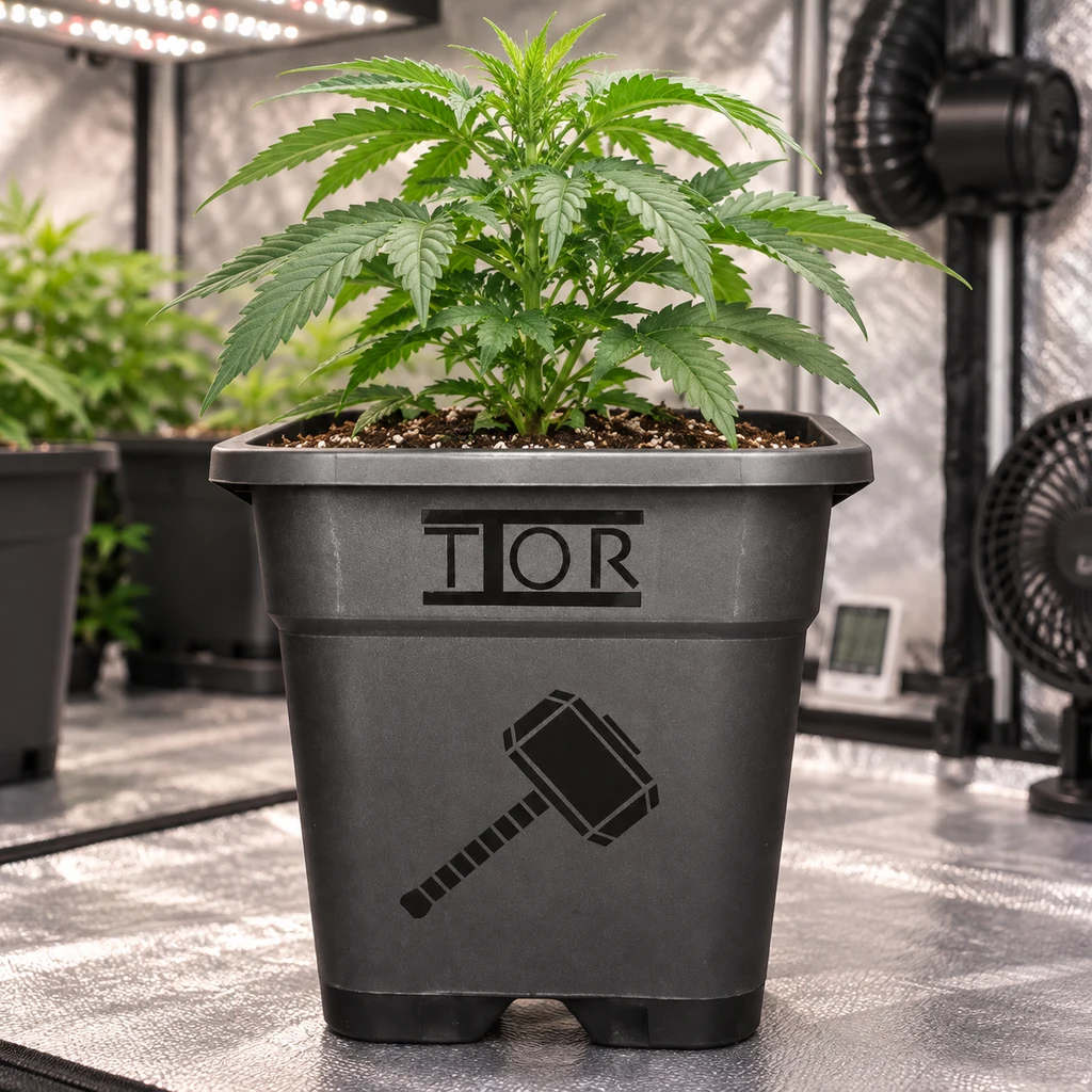 Maceta cuadrada negra Thor con un martillo dibujado y una planta de cannabis, en una escena de cultivo interior con luces y ventiladores. Maceta cuadrada negra Thor con un martillo dibujado y una planta de cannabis, en una escena de cultivo interior con luces y ventiladores.