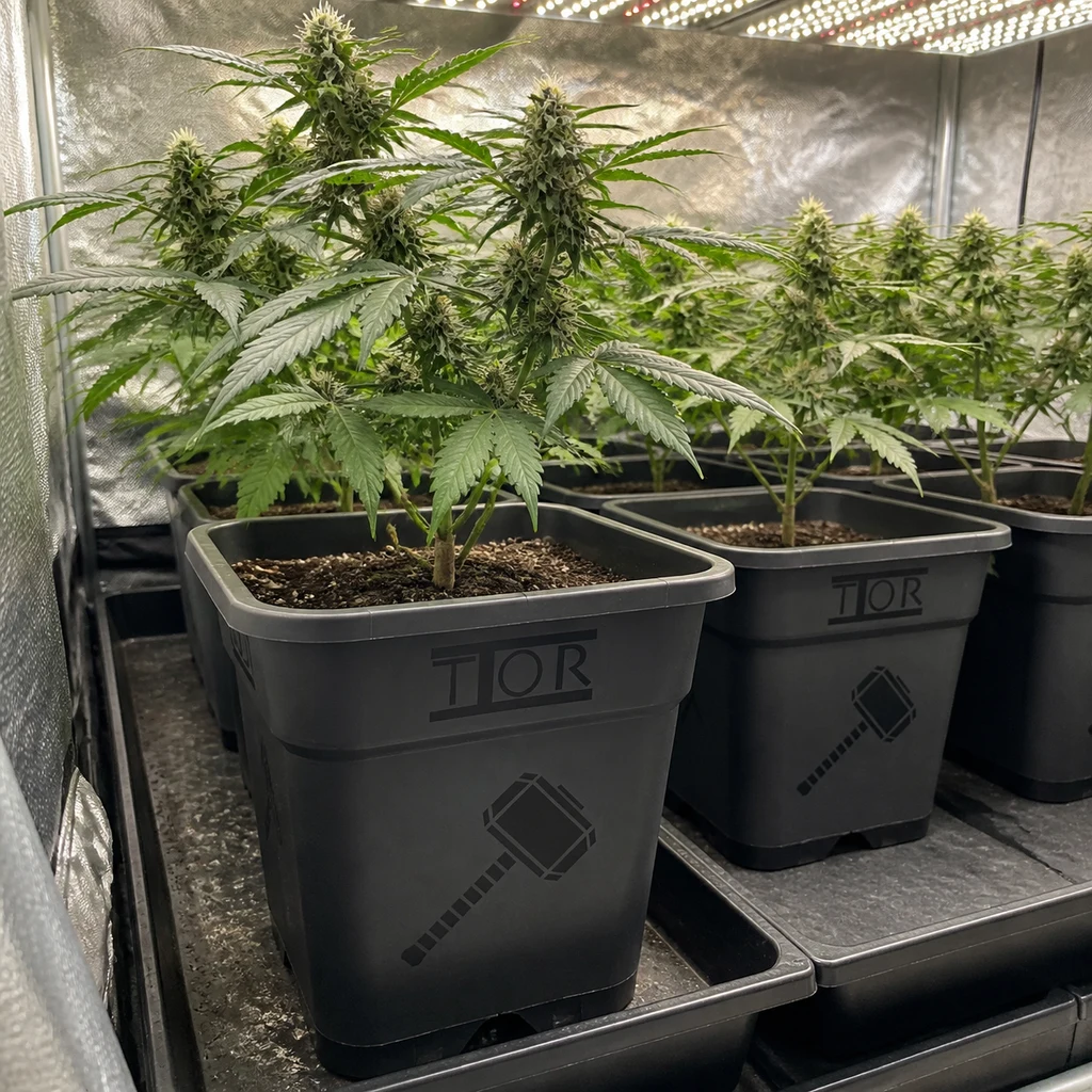 Macetas cuadradas negras Thor con plantas de cannabis en floración, sobre bandejas dentro de un armario reflectante con luces superiores. Macetas cuadradas negras Thor con plantas de cannabis en floración, sobre bandejas dentro de un armario reflectante con luces superiores.