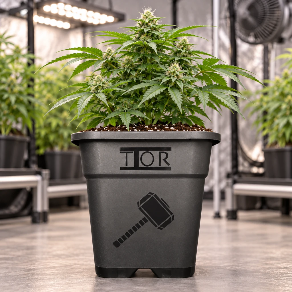 Maceta negra Thor con dibujo de un martillo y una planta de cannabis en floración, en un cultivo interior con luces y ventilador. Maceta negra Thor con dibujo de un martillo y una planta de cannabis en floración, en un cultivo interior con luces y ventilador.