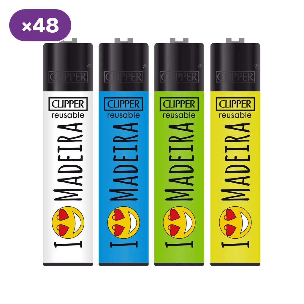 Cuatro diseños de encendedor Clipper Madeira en blanco, azul, verde y amarillo, con caras de ojos de corazón y distintivo «×48».