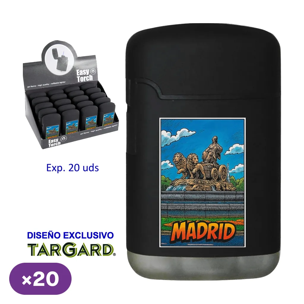 Encendedor negro con ilustración de la fuente de Cibeles y texto «Madrid», junto a un expositor y la indicación de 20 unidades.