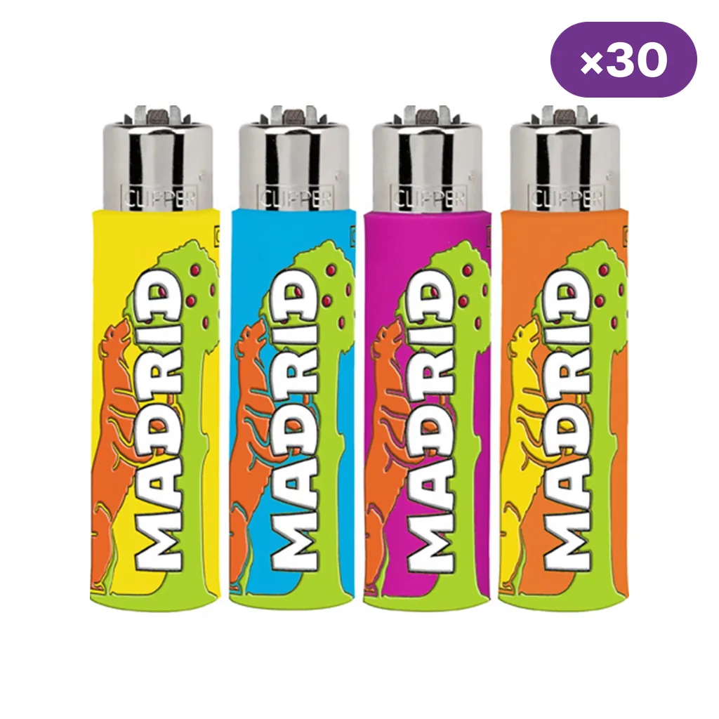 Encendedores Clipper con fundas Madrid en variantes amarilla, azul, fucsia y naranja, sobre fondo blanco y con distintivo ×30.