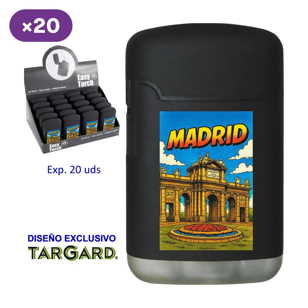 Encendedor negro Madrid con ilustración de la Puerta de Alcalá y base plateada, junto a un expositor y la indicación de 20 unidades.