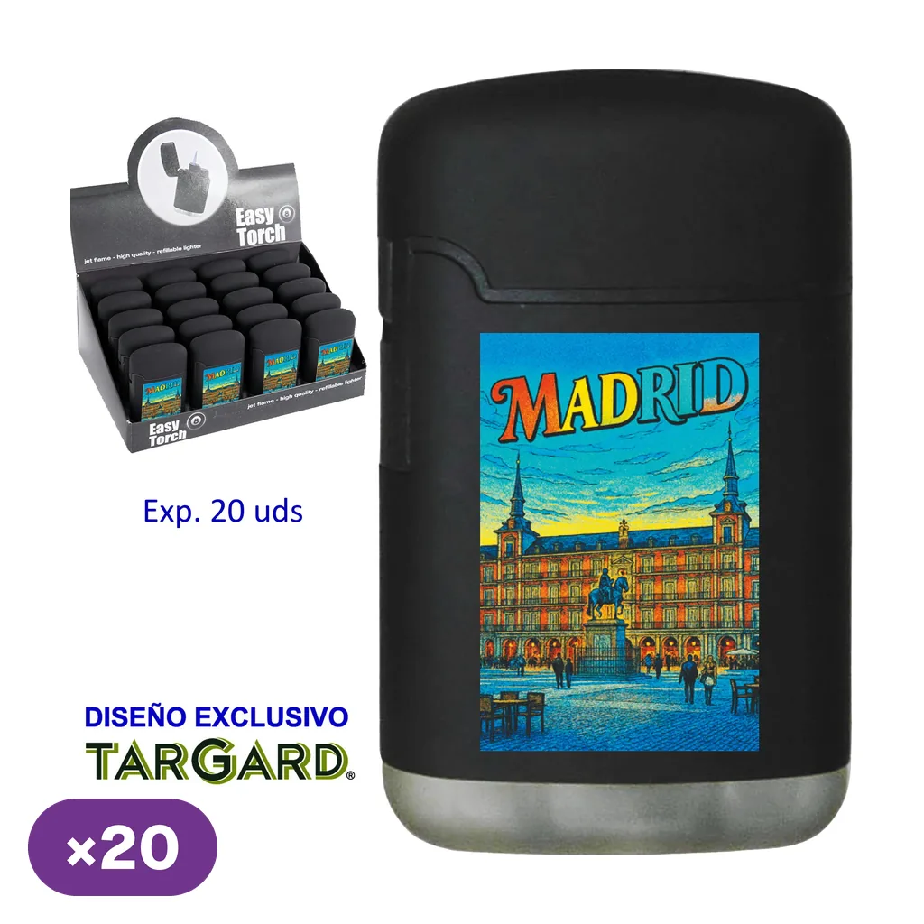 Encendedor negro con ilustración de la Plaza Mayor y texto Madrid, junto a un expositor con varias unidades y la indicación de 20 unidades.