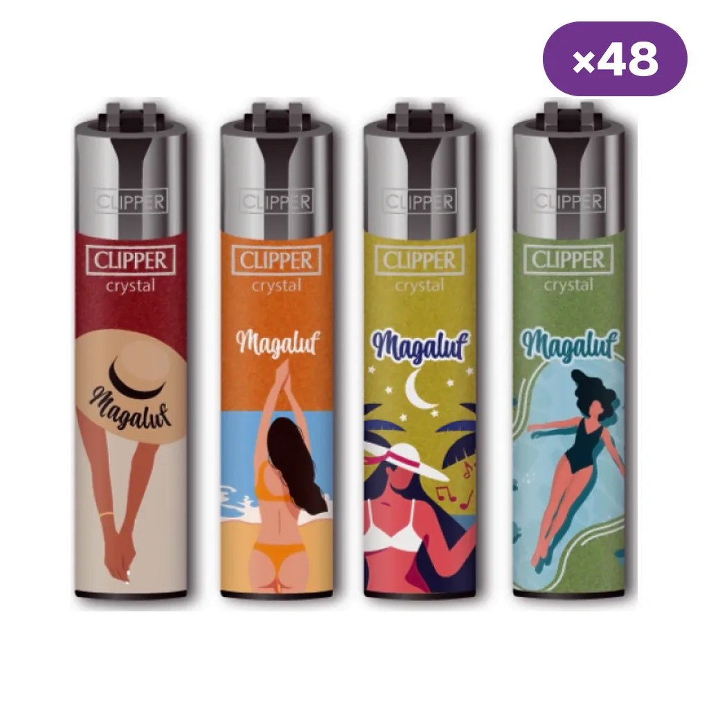 Selección de encendedores Clipper Magaluf con distintos diseños de playa, baile y piscina, junto al distintivo de 48 unidades.