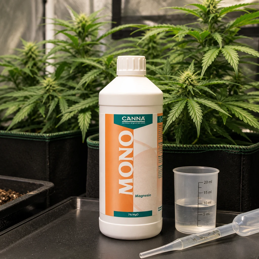 Escena generada con botella de CANNA Mono Magnesio 7 % MgO, vaso graduado y pipeta sobre una bandeja, ante plantas en macetas. Escena generada con botella de CANNA Mono Magnesio 7 % MgO, vaso graduado y pipeta sobre una bandeja, ante plantas en macetas.