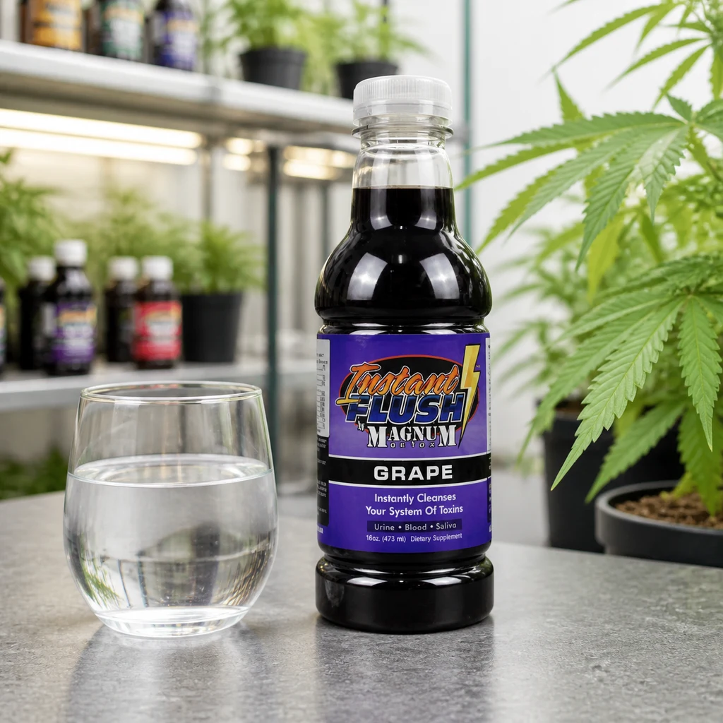 Escena generada de una botella Magnum Instant Flush Grape con etiqueta morada junto a un vaso de agua y plantas de cannabis al fondo. Escena generada de una botella Magnum Instant Flush Grape con etiqueta morada junto a un vaso de agua y plantas de cannabis al fondo.