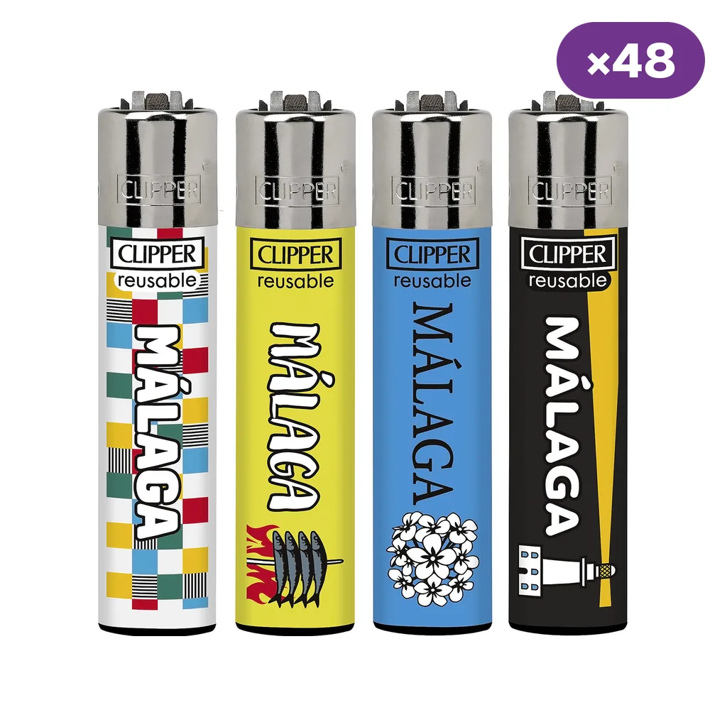 Selección de encendedores Clipper Málaga con diseños de cuadros, espetos, flores y faro; distintivo de 48 unidades en la esquina.