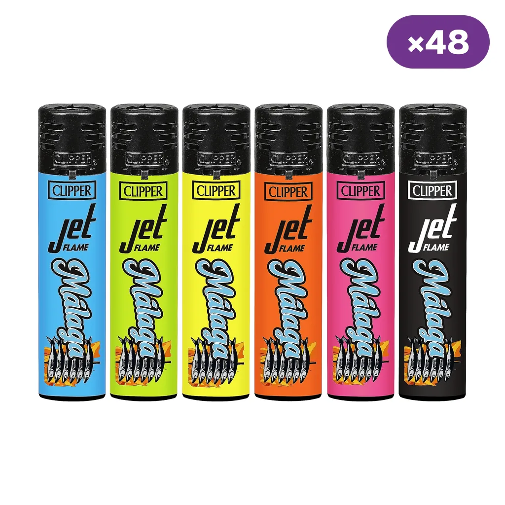 Selección de encendedores Clipper Jet Flame Málaga en azul, verde, amarillo, naranja, rosa y negro, con dibujos de espetos y distintivo de 48 unidades.