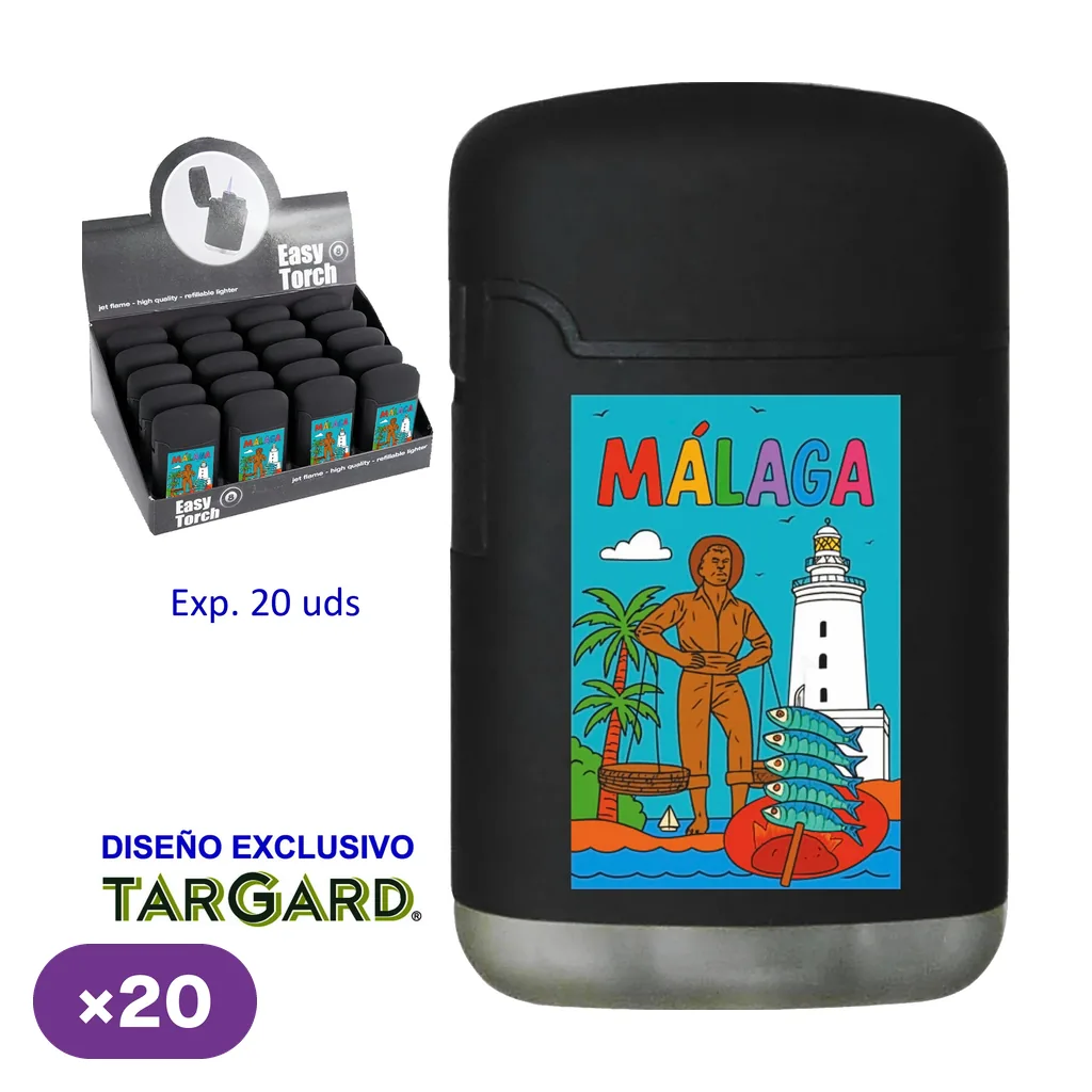 Encendedor negro con texto Málaga e ilustración de un faro, palmeras y un espeto de sardinas, junto a un expositor de varias unidades.