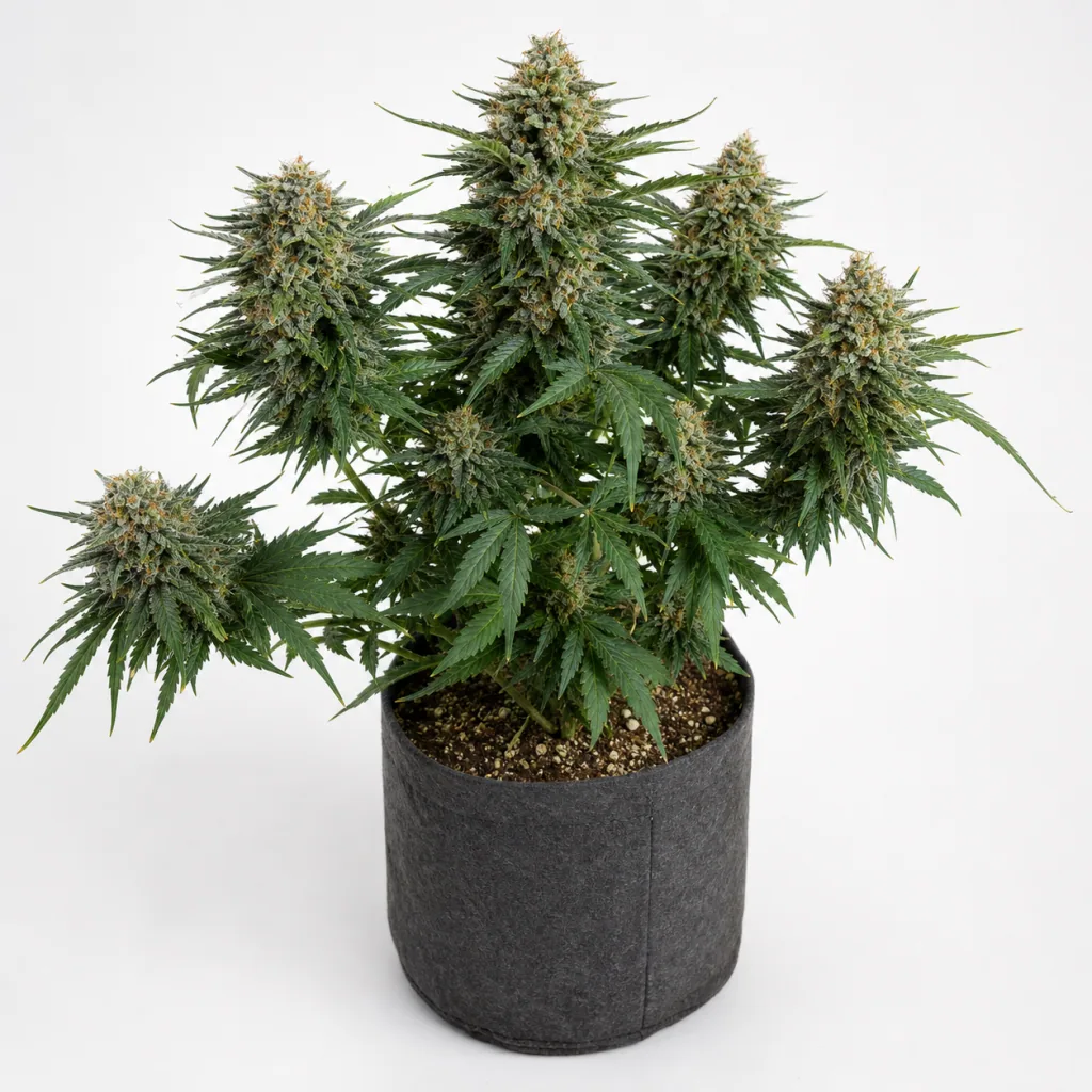 Planta de Malawi Feminizada en floración, con cogollos alargados y hojas verdes, en una maceta de tela gris sobre fondo blanco.