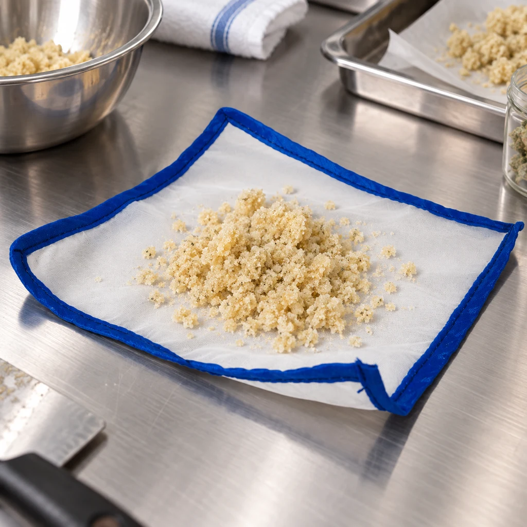 Malla de prensado blanca con borde azul y un montón de material granulado beige sobre una mesa metálica. Malla de prensado blanca con borde azul y un montón de material granulado beige sobre una mesa metálica.