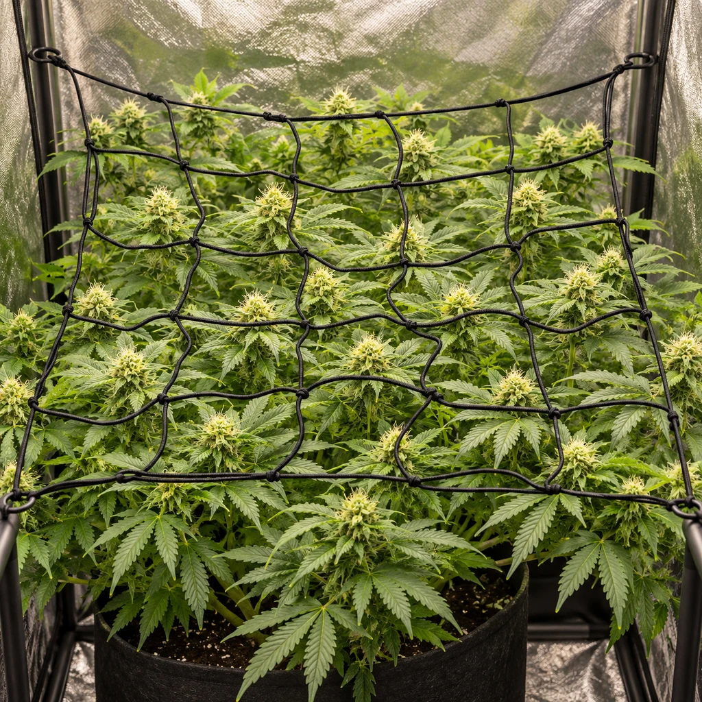 Malla elástica Scrog negra de cuadros amplios, sujeta a los postes de un armario de cultivo sobre plantas de cannabis en floración.