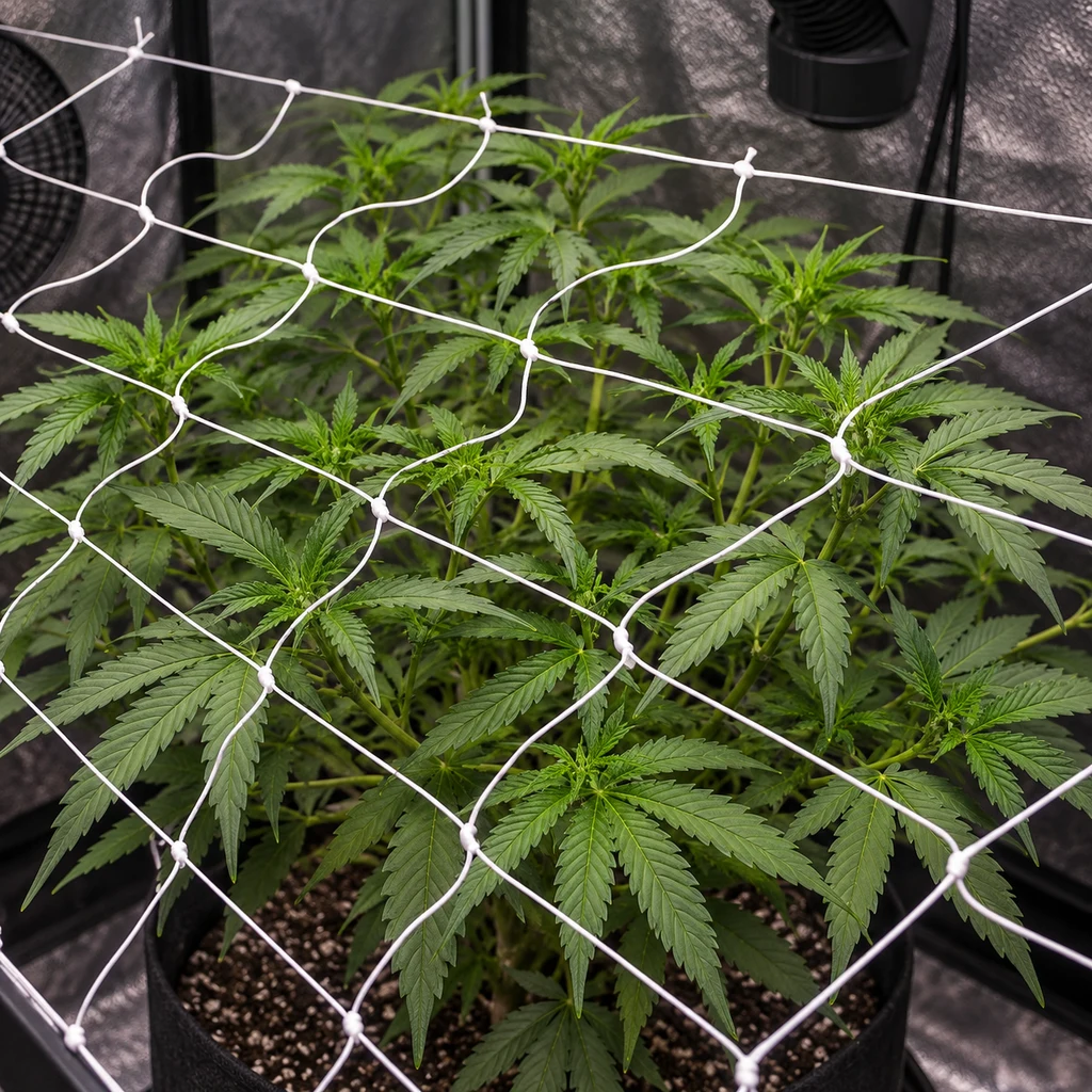 Escena generada de una malla SCROG blanca extendida sobre plantas de cannabis en una maceta dentro de un armario de cultivo.