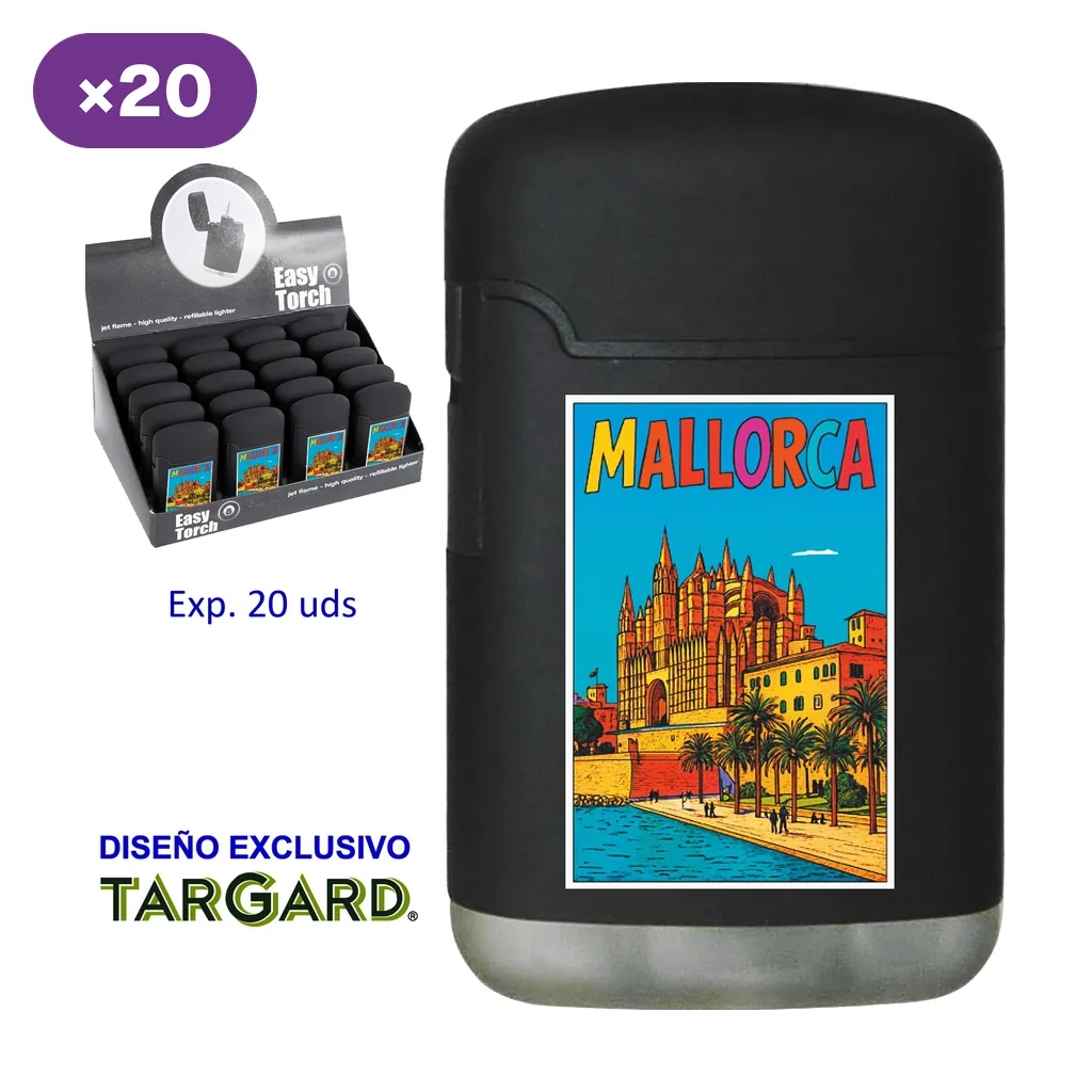 Encendedor negro con base plateada y diseño Mallorca de una catedral junto al mar; al lado, expositor rotulado con 20 unidades.