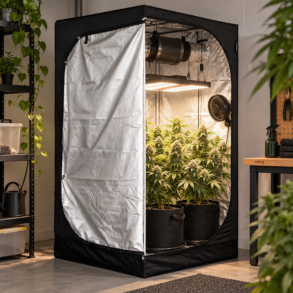 Armario de cultivo negro abierto, con interior reflectante, plantas en macetas, panel de luz, ventilador y conducto de extracción.