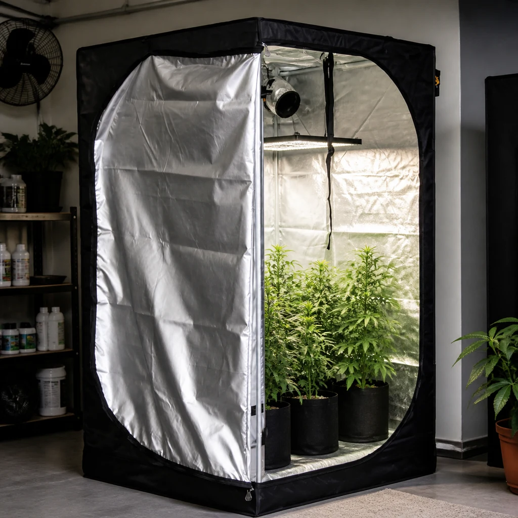 Escena generada de una tienda de cultivo abierta, con exterior negro, interior reflectante, plantas en macetas y lámpara suspendida.