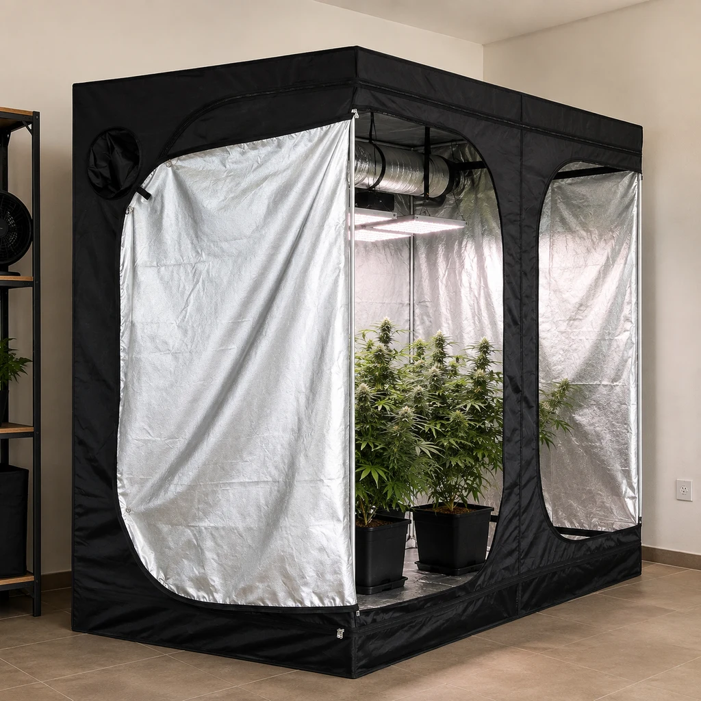 Tienda de cultivo Mammoth Lite+ 240L negra y abierta, con interior plateado, plantas en macetas, luz y conducto superior.