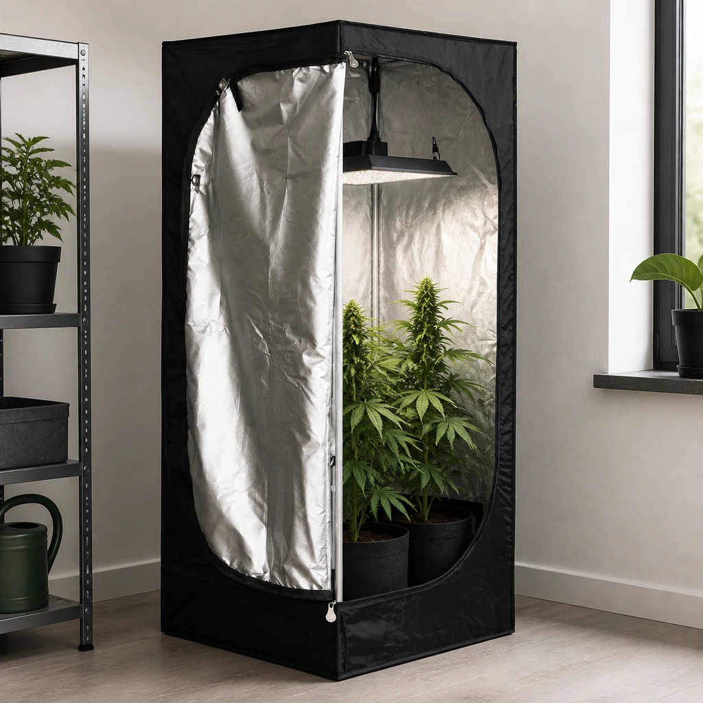 Escena generada de un armario de cultivo negro abierto, con interior reflectante, lámpara suspendida y plantas en macetas.