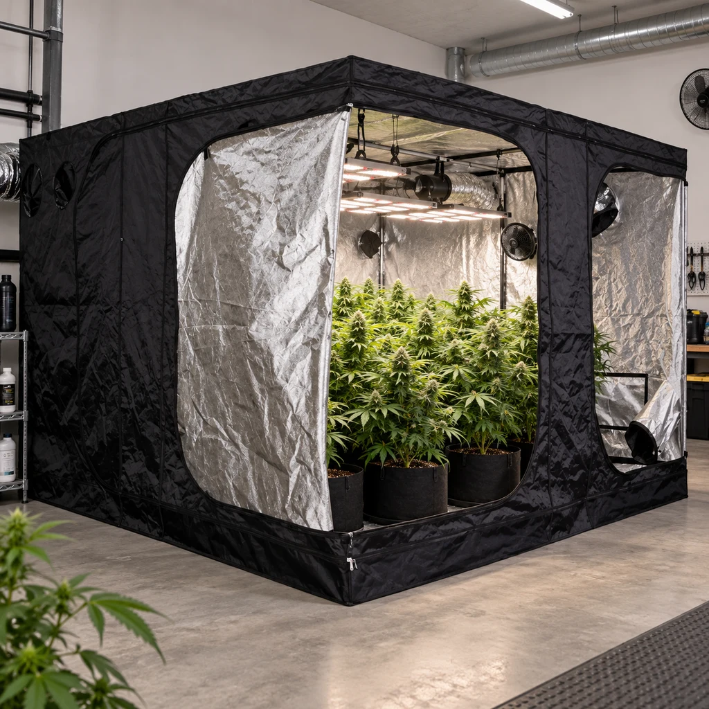 Armario Mammoth Pro abierto, con exterior negro e interior reflectante, plantas en macetas, luces y conductos de ventilación visibles.