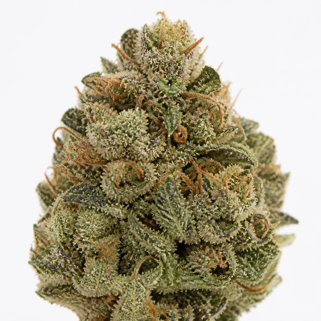 Ilustración de un cogollo verde con filamentos anaranjados y superficie blanquecina para la ficha de Mandarin Cookies Feminizada de Spain Seeds.