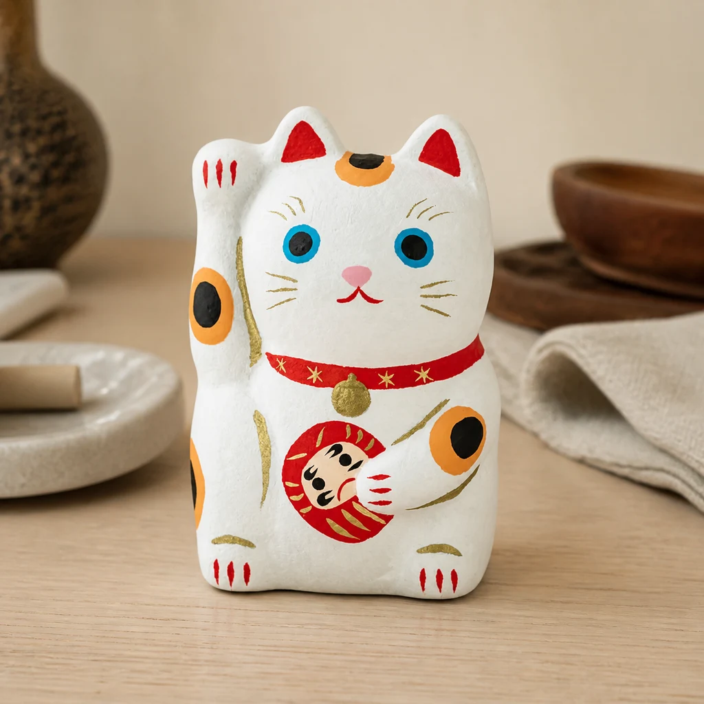 Figura Maneki Neko Daruma blanca con pata alzada, ojos azules, collar rojo y un Daruma pintado en el vientre, sobre una mesa.