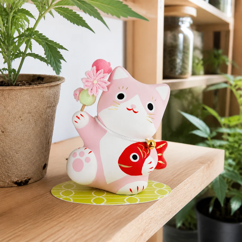 Maneki Neko rosa y blanco con pez rojo, cascabel dorado y pata alzada con flores, sobre una mesa de madera junto a plantas. Maneki Neko rosa y blanco con pez rojo, cascabel dorado y pata alzada con flores, sobre una mesa de madera junto a plantas.