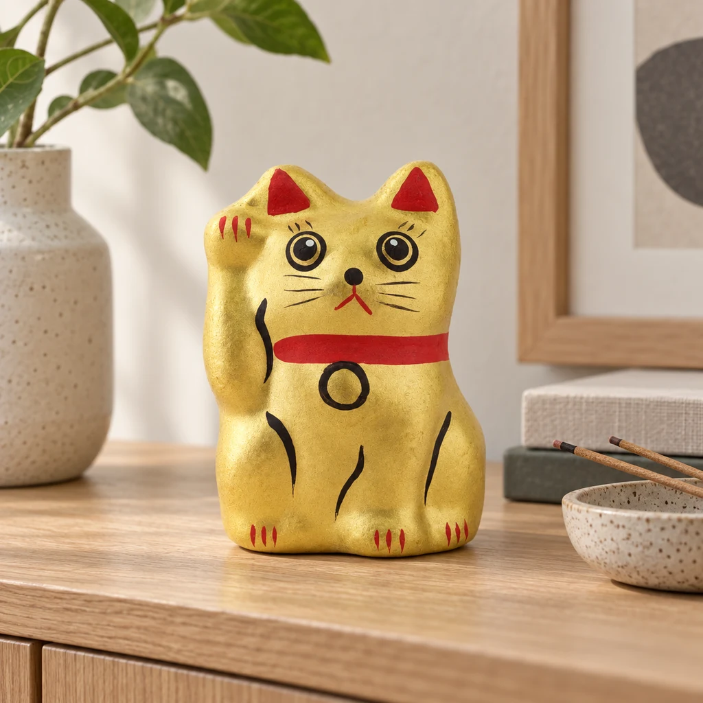 Maneki Neko dorado con una pata levantada y detalles rojos y negros, sobre un mueble de madera junto a un jarrón y un cuenco.