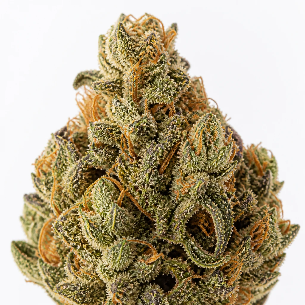 Ilustración de un cogollo verde con pistilos anaranjados y abundantes tricomas claros para la ficha de Mango Auto de Spain Seeds.