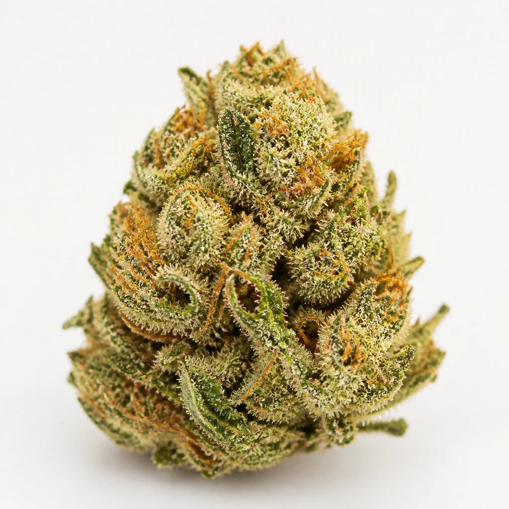 Ilustración de un cogollo verde con filamentos anaranjados y superficie cubierta de puntos claros para la ficha de Mango Feminizada de Blimburn Seeds.