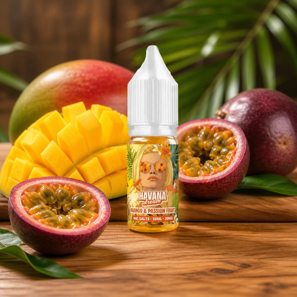 Frasco Havana Dream Mango & Passion Fruit con tapón blanco, rodeado de mango cortado y maracuyás sobre una superficie de madera.