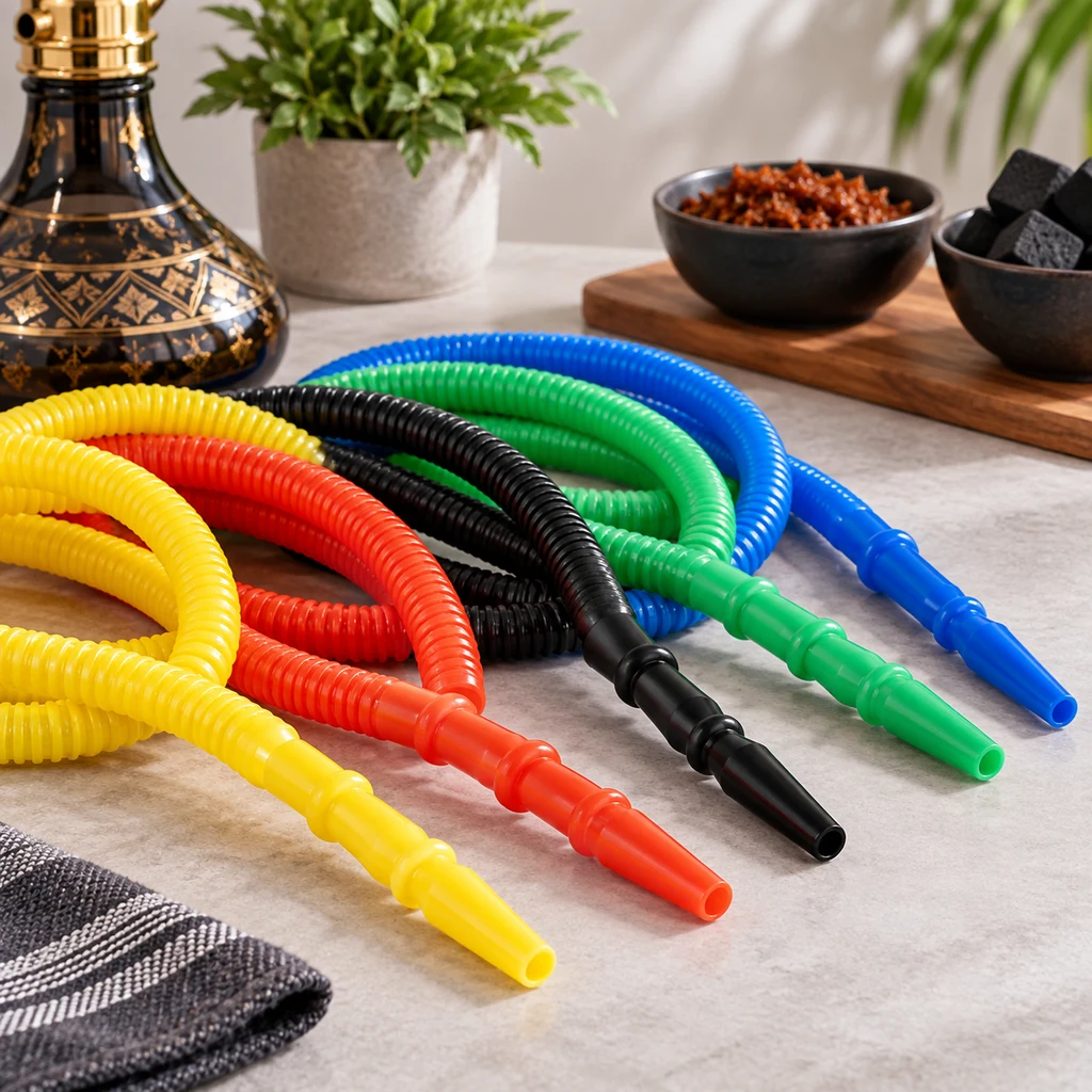 Mangueras corrugadas para cachimba en amarillo, rojo, negro, verde y azul, enrolladas con sus boquillas en primer plano.