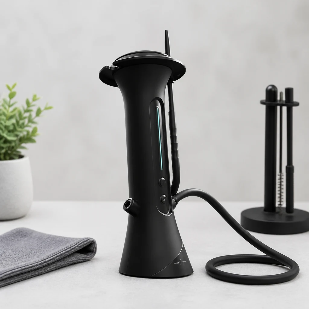 Manguera negra conectada a una cachimba eléctrica O2 HOOKAH, con el tubo enrollado sobre la mesa y la boquilla en vertical.