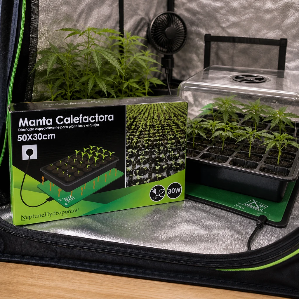 Escena generada de una manta calefactora verde bajo una bandeja de plántulas, junto a su caja Neptune Hydroponics en un armario de cultivo.