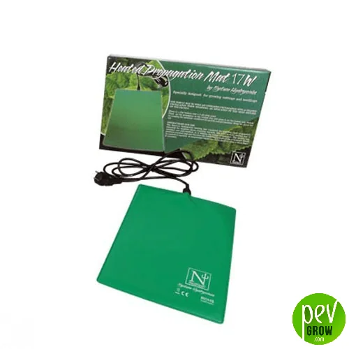 Manta caliente Neptune Hydroponics verde, extendida con su cable y enchufe junto al embalaje sobre fondo blanco.