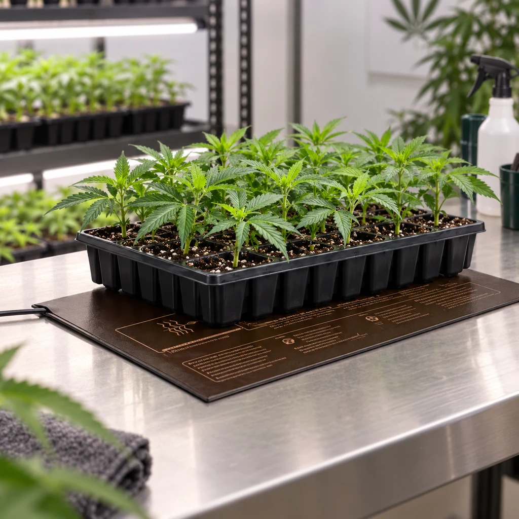 Manta calefactora rectangular bajo una bandeja de plantas jóvenes en alvéolos, sobre una mesa metálica y con un cable visible a la izquierda.