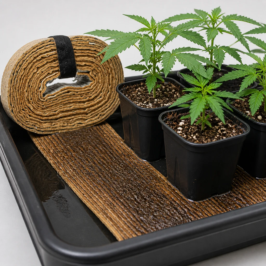 Mantel capilar Spyder marrón extendido en una bandeja con agua bajo varias macetas con plantas, con un rollo al fondo.