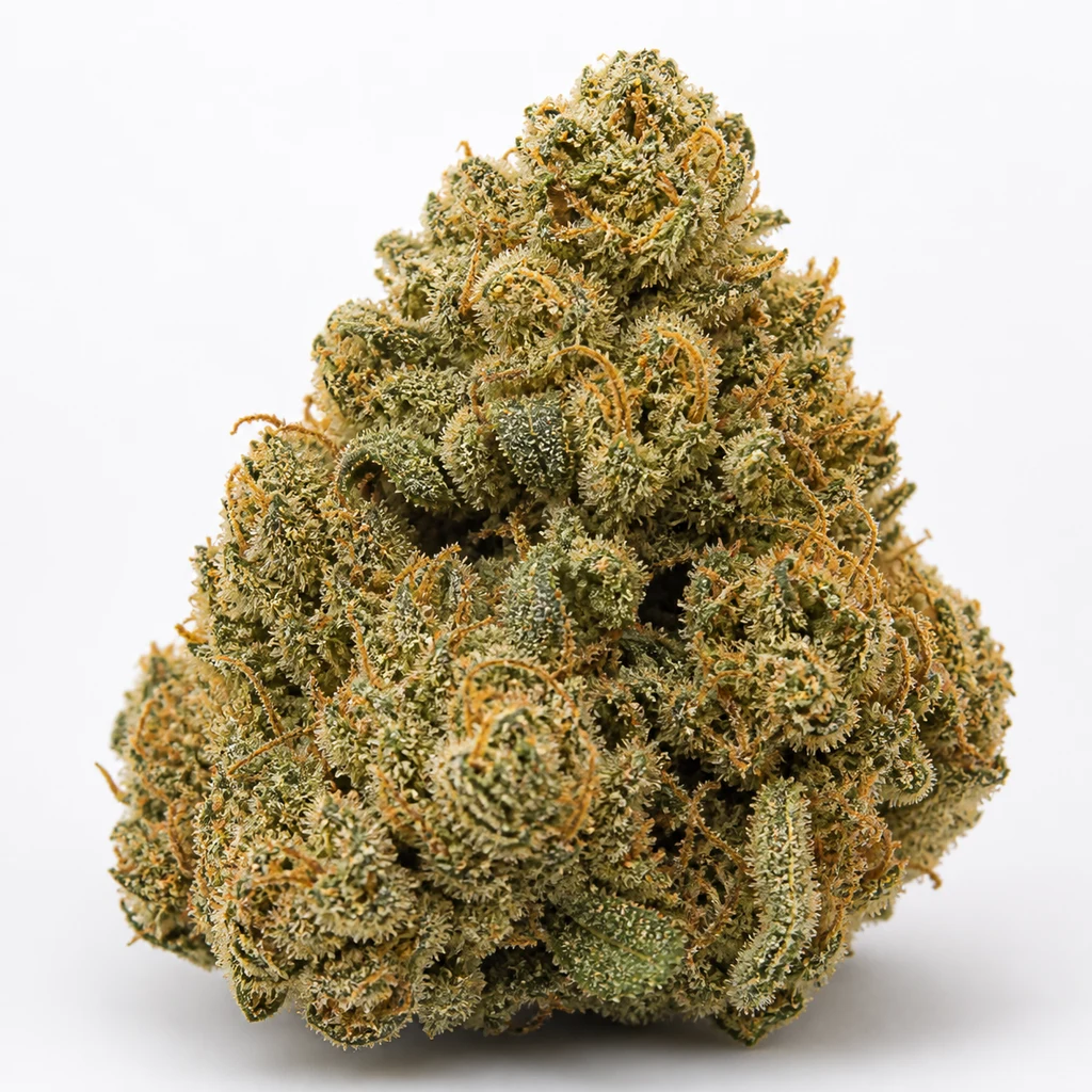 Ilustración de un cogollo verde de forma cónica, con filamentos naranjas, para la ficha de Maple Leaf Indica Regular de Sensi Seeds.