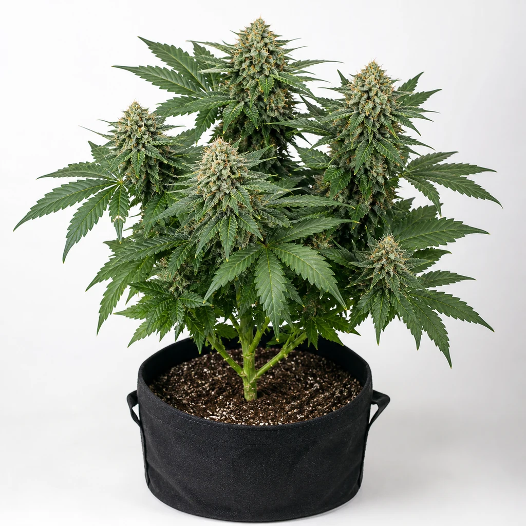 Ilustración de cannabis en floración en maceta negra para la ficha de Maple Leaf Indica Regular, con hojas verdes y cogollos prominentes.