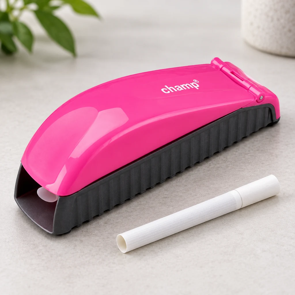 Máquina para tubos Champ con cubierta rosa y base negra, junto a un tubo blanco sobre una encimera clara.