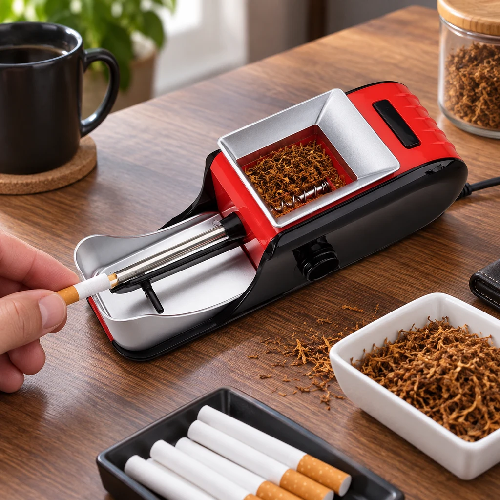 Máquina eléctrica roja y negra para liar cigarrillos, con tabaco en la tolva y una mano sujetando un tubo en la boquilla lateral. Máquina eléctrica roja y negra para liar cigarrillos, con tabaco en la tolva y una mano sujetando un tubo en la boquilla lateral.