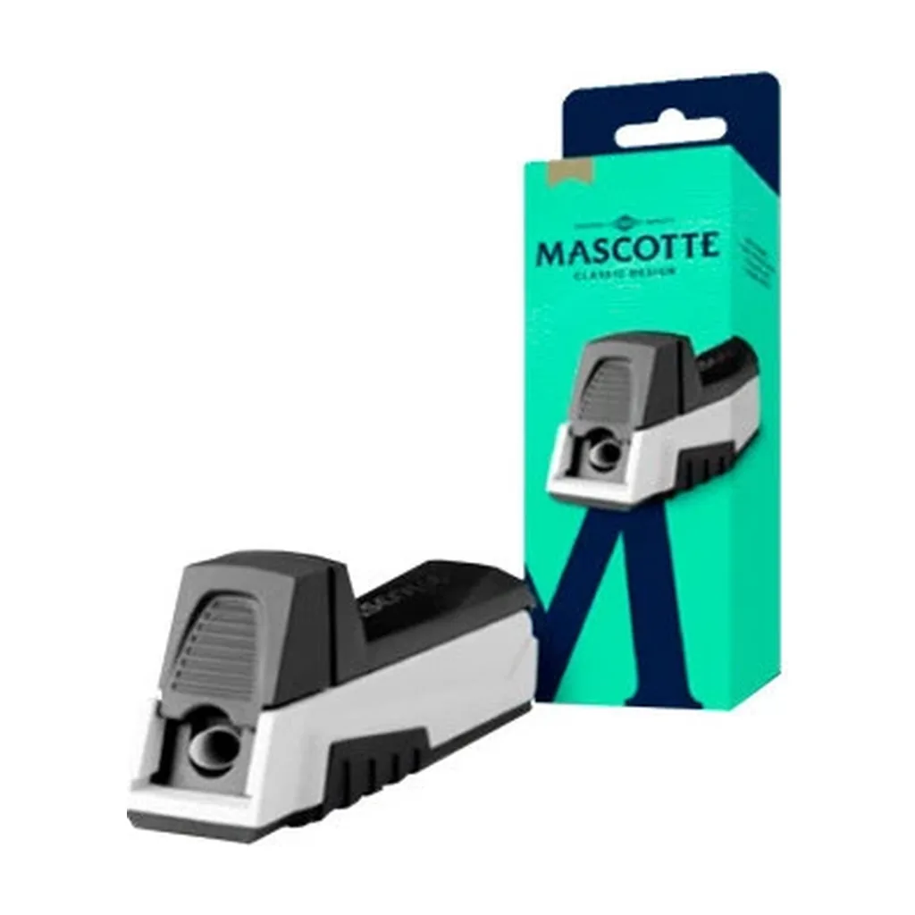 Máquina de entubar Mascotte Classic en gris y negro, vista en diagonal junto a su caja verde turquesa con colgador.