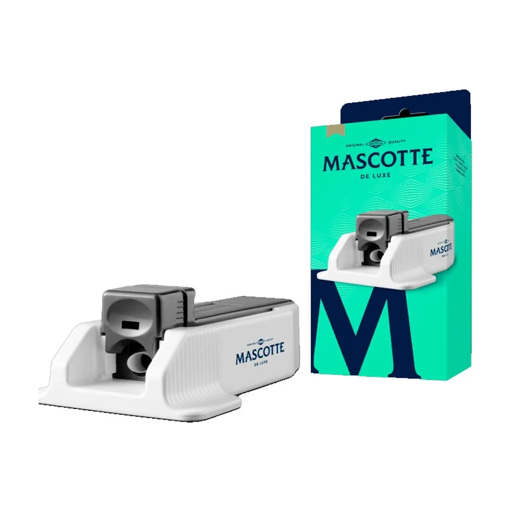 Máquina de entubar Mascotte de Luxe blanca y gris, junto a su caja verde turquesa sobre fondo blanco.