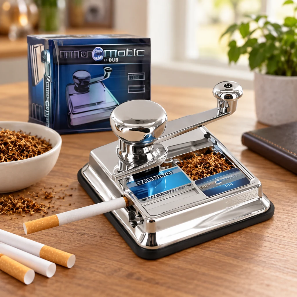 Máquina de entubar cromada con palanca, tabaco en la bandeja y un tubo acoplado, sobre una mesa junto a varios cigarrillos.