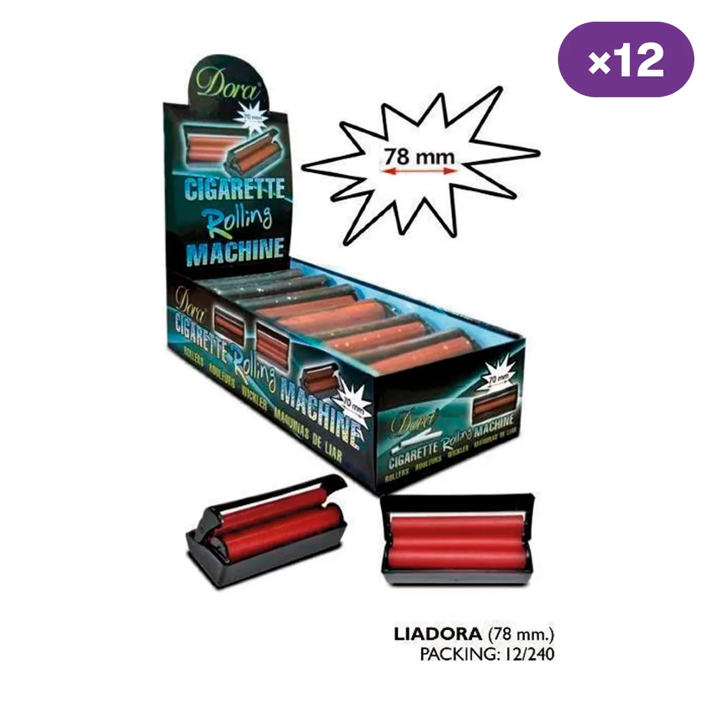 Expositor de máquinas de liar Dora con rodillos rojos y estructura negra, varias unidades delante y distintivo de caja de 12. Expositor de máquinas de liar Dora con rodillos rojos y estructura negra, varias unidades delante y distintivo de caja de 12.