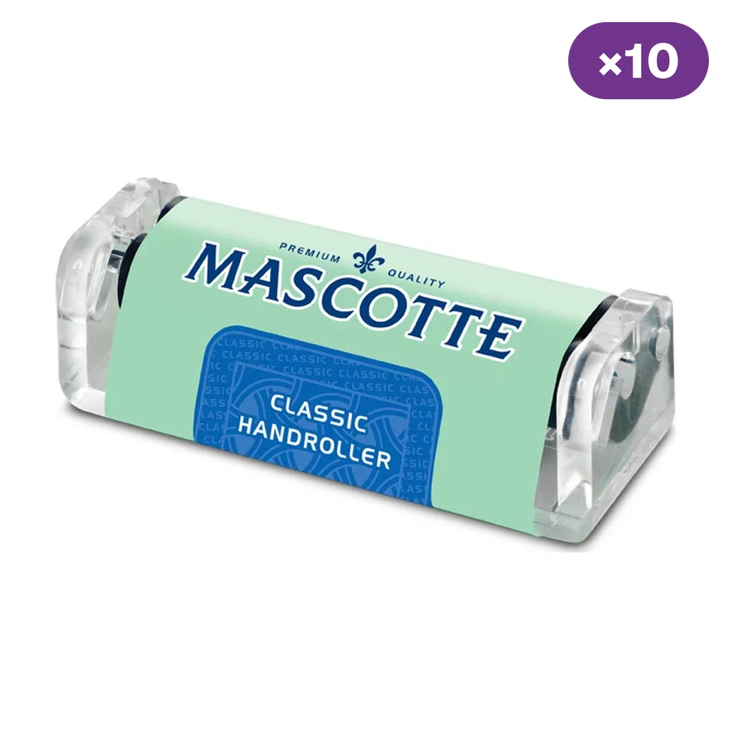 Máquina de liar Mascotte Classic Handroller en perspectiva, con extremos transparentes, banda verde y etiqueta azul; distintivo de diez unidades.
