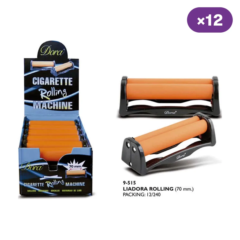 Máquinas de liar Dora con rodillos naranjas y estructura negra, mostradas en distintas posiciones junto a una caja expositora de 70 mm. Máquinas de liar Dora con rodillos naranjas y estructura negra, mostradas en distintas posiciones junto a una caja expositora de 70 mm.