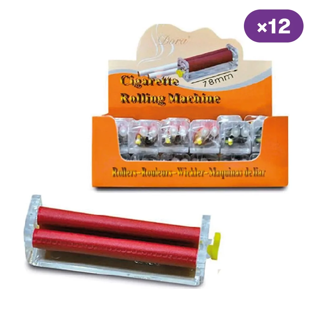 Máquina de liar Dora de 78 mm con rodillos rojos y laterales transparentes, delante de una caja expositora naranja con distintivo de 12 unidades. Máquina de liar Dora de 78 mm con rodillos rojos y laterales transparentes, delante de una caja expositora naranja con distintivo de 12 unidades.
